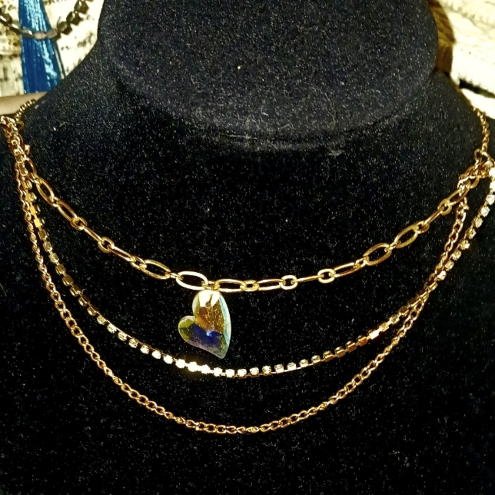 Triple Layer Fashiom necklace w heart crystal and rhinestones.